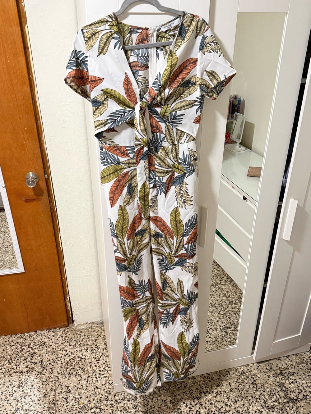 Everly White Tropical Leaf Tie-Front Maxi Jumpsuit
